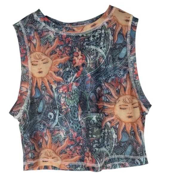 Y2k Sheer Mesh Celestial Sun Tank Top Womens Sz L Abstract Rave Artsy - Picture 1 of 6